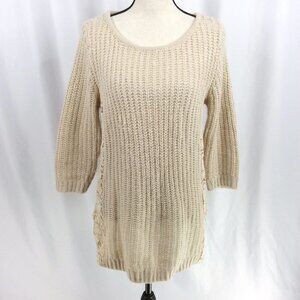 LC Lauren Conrad Tunic Sweater Womens Size Large Beige Lace Crochet Ribbed
